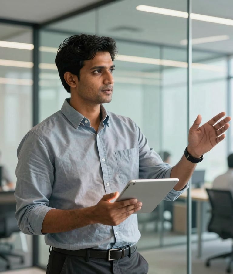 A professional South Asian man in business casual attire standing in a modern, glass-walled office in Pune. He is holding a digital tablet and gesturing toward a bright, clean workspace, conveying reliability and technical expertise.