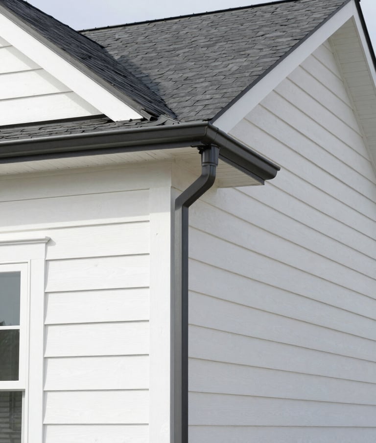 A wide-angle photography shot of a pristine North American residential home with newly installed dark slate gray gutters and soft white siding. The image is captured in bright daylight, highlighting the clean lines and durable construction.