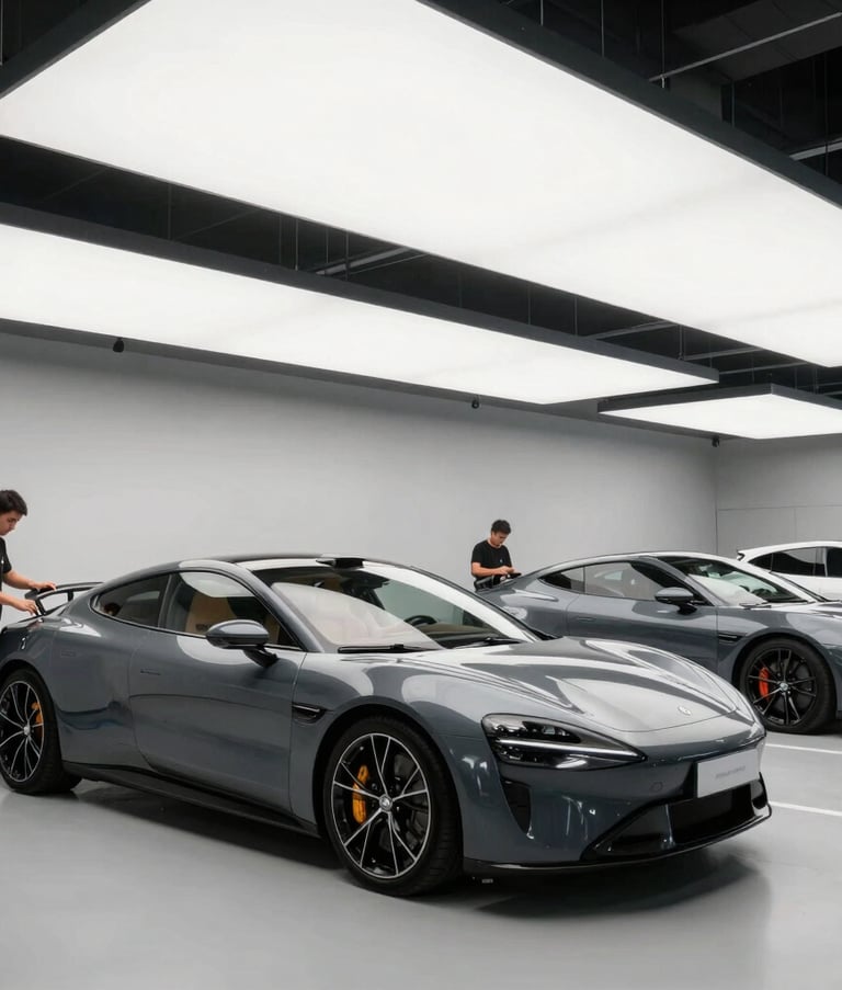 A wide-angle cinematic shot of a luxury automotive studio where several exotic charcoal grey cars are being meticulously detailed by men under bright LED panels, high-end atmosphere, International / Global.