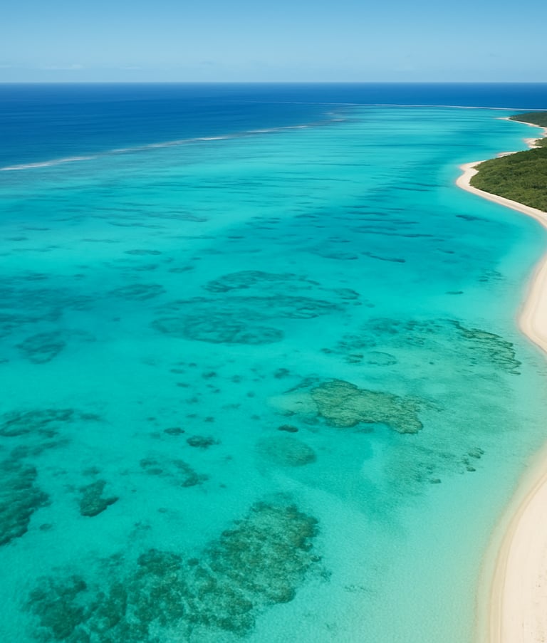 A high-altitude aerial photograph of the New Caledonian lagoon, showing vibrant turquoise and lagoon teal waters, white sand fringes, and a serene South Pacific atmosphere under a clear sky.