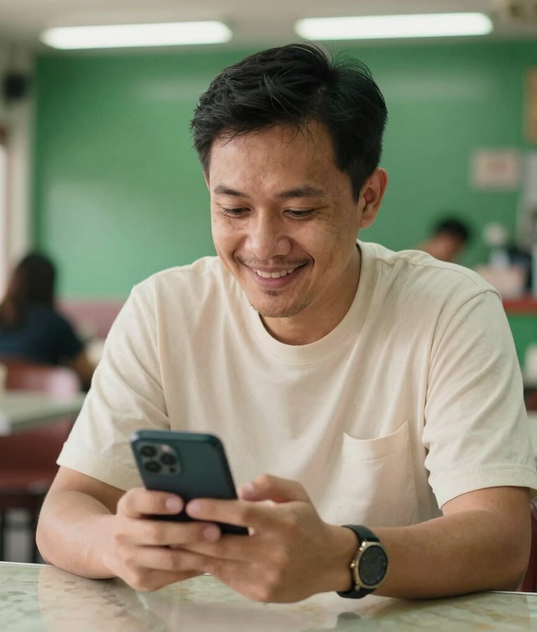 A happy Southeast Asian / Malaysian individual sitting in a bright, modern Malaysian kopitiam, looking at a smartphone with a relaxed and relieved expression, forest green and cream tones in the background, professional photography style.