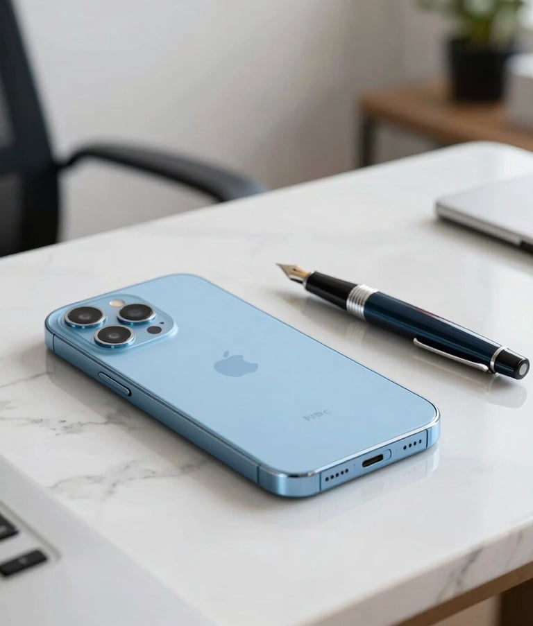 Close-up of a high-end smartphone and a designer fountain pen resting on a minimalist marble desk in a bright French office, natural light, Sky Blue and Almost White colors.
