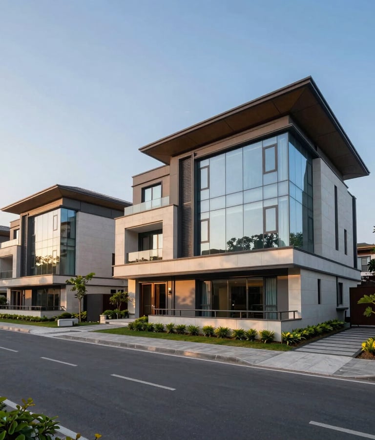 Wide shot of a luxury residential villa complex in a high-end Gurugram sector. Contemporary South Asian / Indian architecture with glass facades and manicured landscaping. Captured during the golden hour with Steel Blue sky and Pale Blue reflections.