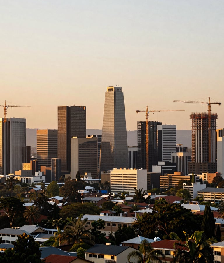 A wide-angle landscape photograph of Gaborone, Botswana skyline during the golden hour, showing modern urban development and construction cranes, symbolizing growth and future potential.