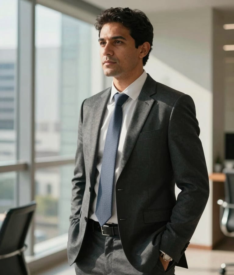 A medium shot of a professional South American / Brazilian businessman in a modern, sunlit corporate environment in Sao Paulo, looking confident and approachable, soft shadows, sharp focus, professional business attire.