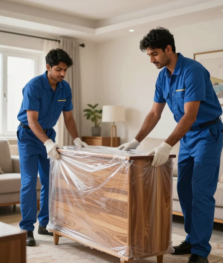 Two professional movers in clean blue uniforms carefully bubble-wrapping a large wooden furniture piece inside a bright, modern South Asian living room, focused and efficient expressions, high-quality lighting.