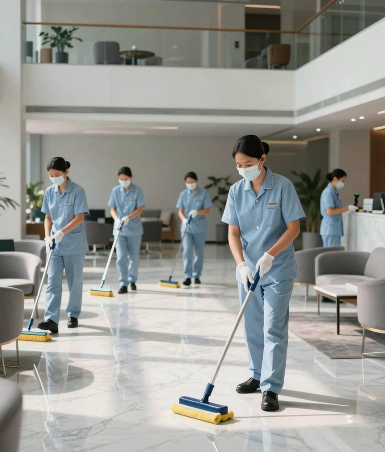 A professional cleaning team in neat uniforms working in a contemporary Indonesian office lobby, modern minimalist furniture, polished marble floors, soft morning sunlight, palette of light gray and pale blue.