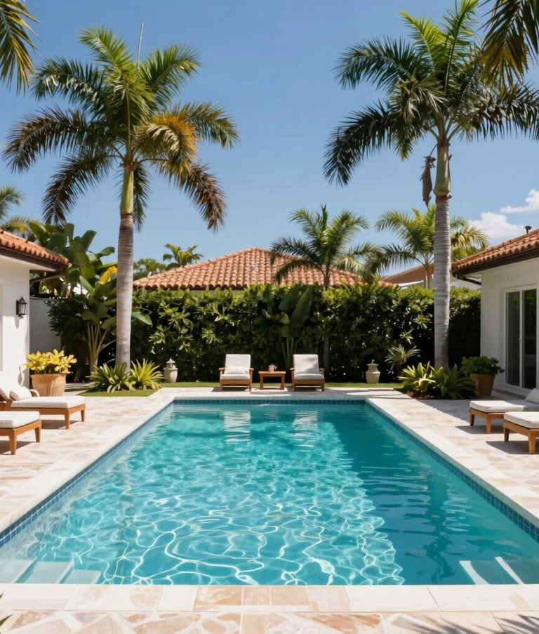 A beautiful, sun-drenched luxury backyard in Coral Springs, South Florida, featuring a pristine swimming pool with turquoise water. Tall palm trees sway in the background against a clear blue sky. The composition is wide and inviting, showcasing a perfectly maintained residential oasis that evokes trustworthiness and quality.