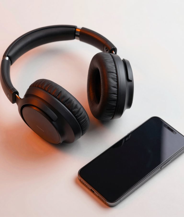 A high-quality, elegant flat-lay photography of contemporary premium consumer electronics including dark headphones and a smartphone on a clean modern surface with sophisticated orange light reflections.
