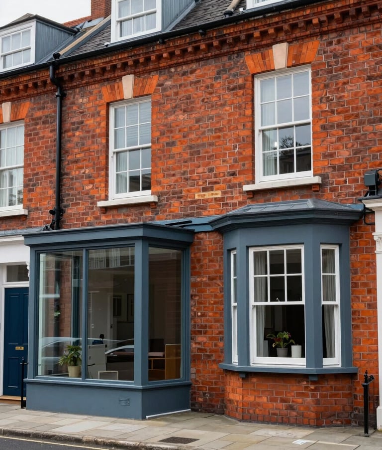 Exterior of a classic British red-brick townhouse with a modern glass extension, clean architectural lines, Slate Blue window frames, United Kingdom / British residential street.
