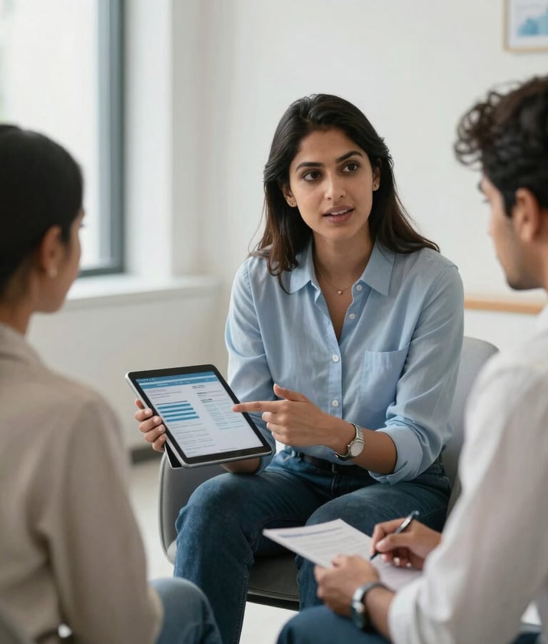 A professional advisor in smart casual South Asian attire sitting in a brightly lit, modern consultation room. They are pointing towards a tablet screen while explaining data to a young couple. The atmosphere is calm and trustworthy. Soft blue and near white interior design accents create a sense of clarity and professionalism.