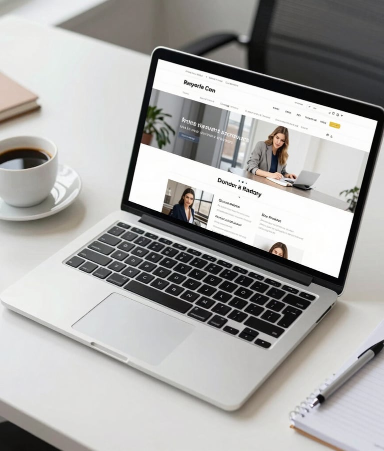 High-angle shot of a sleek, modern laptop on a clean white desk in a North American corporate office, displaying a responsive website layout, surrounded by a cup of coffee and a notebook, soft daylight, professional and high-performing mood.