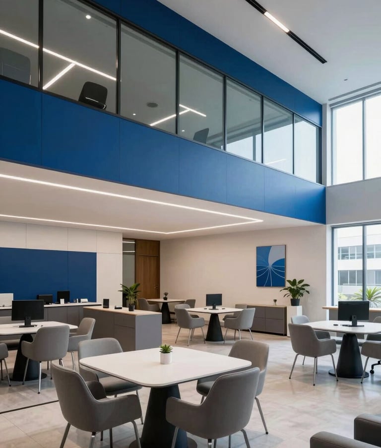 A wide-angle photography shot of a sleek, modern corporate office in Brazil. The composition shows a clean, organized common area with high-tech details and minimalist furniture. The lighting is bright and professional, conveying a sense of order, reliability, and modern efficiency using deep blue and light blue accents.