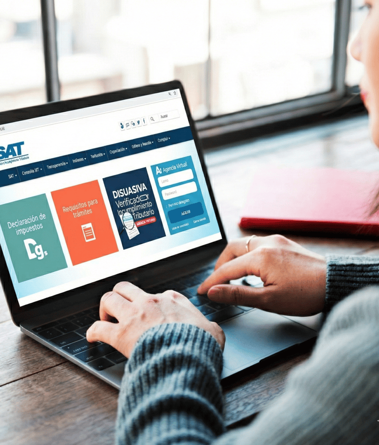 Person using a laptop to access the SAT Guatemala website portal for tax filing and online services.