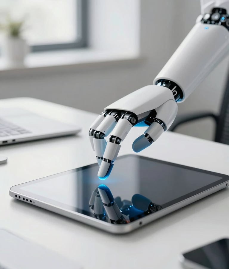 A high-tech, minimalist robotic hand interacting subtly with a tablet screen on a white desk. Soft morning light in a bright Central European office. The scene uses a palette of white, light gray, and touches of medium blue to convey precision and innovation.