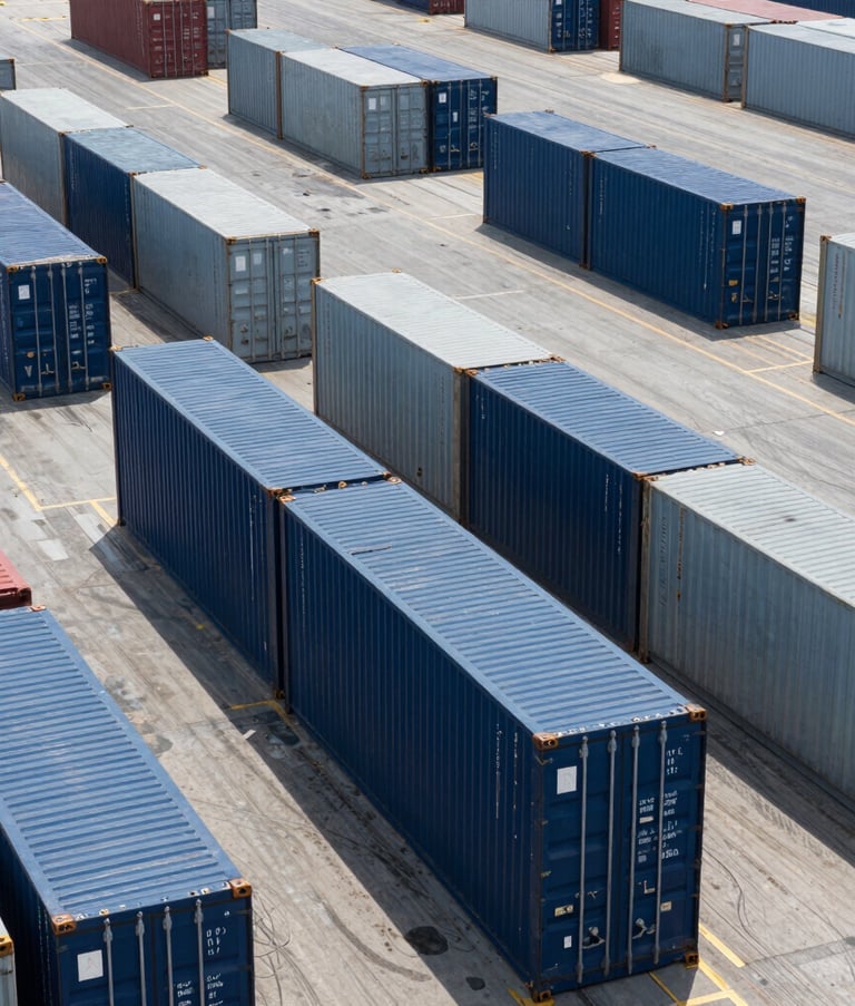 A high-angle professional photograph of a bustling shipping port in the Middle Eastern / Gulf region. Neatly organized rows of cargo containers in navy and gray reflect efficiency and global scale. The bright midday sun creates sharp, clean shadows, emphasizing a modern logistics operation.