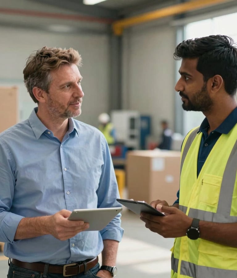 A professional interaction in a Serbian logistics facility. An Eastern European manager in a Steel Blue shirt is talking to a South Asian worker in professional safety attire. Both look satisfied and secure. The lighting is crisp and natural, highlighting a sense of clarity and long-term success.