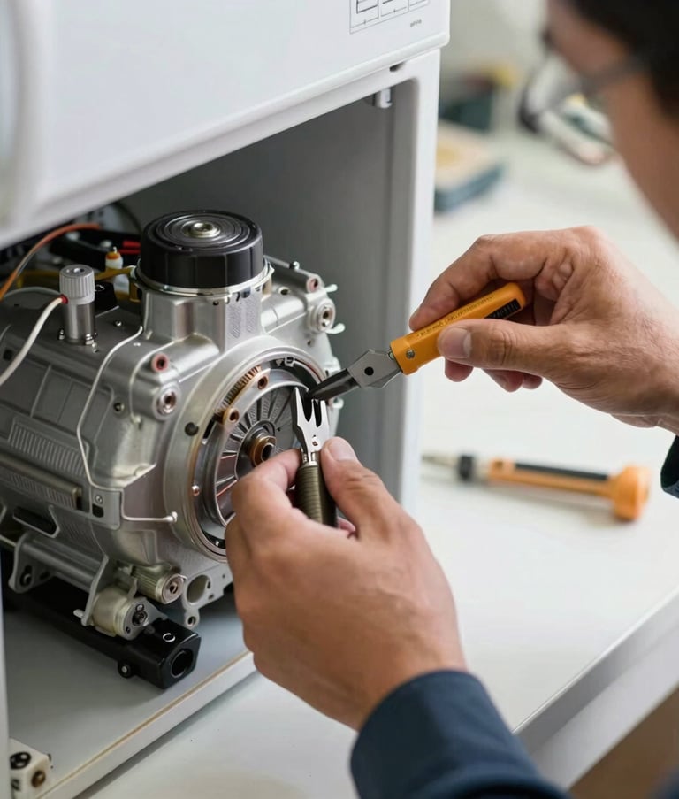 Close-up of skilled hands using professional tools to repair a high-end refrigerator compressor, bright natural lighting, professional workshop setting in the Middle Eastern / Gulf, emphasizing meticulous workmanship.