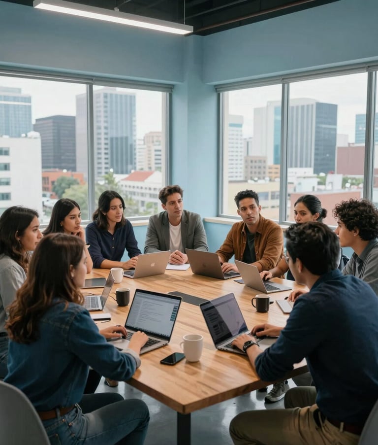 A wide shot of a creative team of Latinoamericano Hispano colleagues brainstorming around a wooden table in a high-tech studio with pale blue walls and large windows showing a modern city skyline.