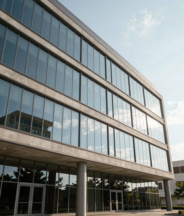 Modern corporate office building in Katy, Texas, with large glass windows reflecting a bright sky, minimalist North American architecture, wide angle photography.
