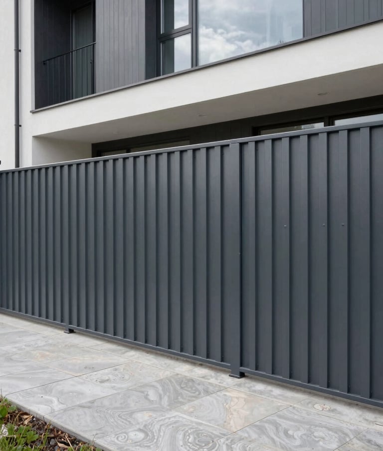 A professional wide shot of a modern, minimalist dark grey metal segment fence around a contemporary Lithuanian house, clean lines, sharp focus, professional lighting, modern architecture.