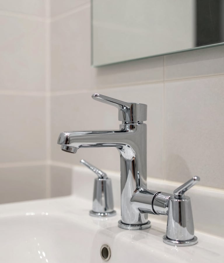 Photography of a modern and clean bathroom interior in a Southern European home, showcasing high-quality chrome faucet installation and bright tiles, professional architectural style.