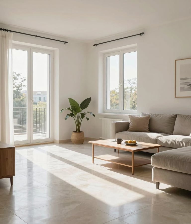 The interior of a modern Southern European living room with sunlit windows, showcasing perfectly clean and polished tile floors and minimalist furniture in a serene, bright atmosphere.