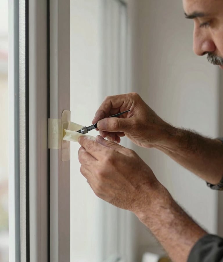 Close-up photography of a master painter's hand in Turkish / Anatolian attire, carefully applying masking tape to the edges of a window frame before painting. The background shows a well-prepared, clean interior room. Lighting is sharp to emphasize precision and professionalism.