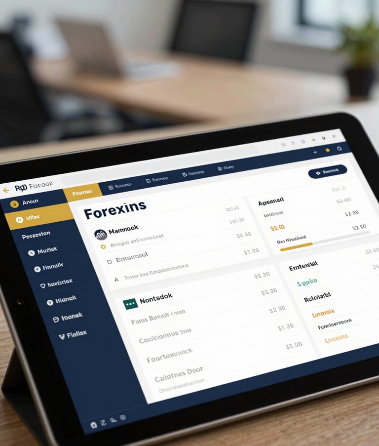A close-up photograph of a high-tech tablet displaying a clean, modern forex trading dashboard with gold and navy blue accents. In the blurred background, a sophisticated North American office setting is visible.
