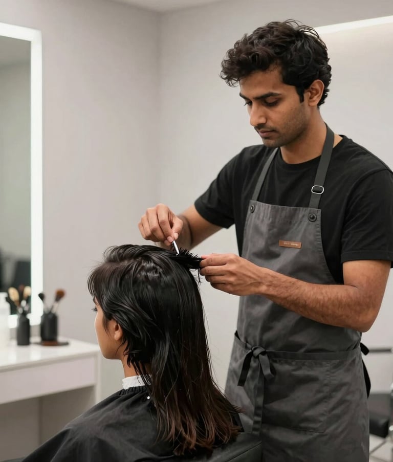 A professional hair stylist in a stylish charcoal apron carefully working on a client's hair in a bright, modern studio. The environment is professional with light gray accents and minimalist decor. South Asian / Indian context.