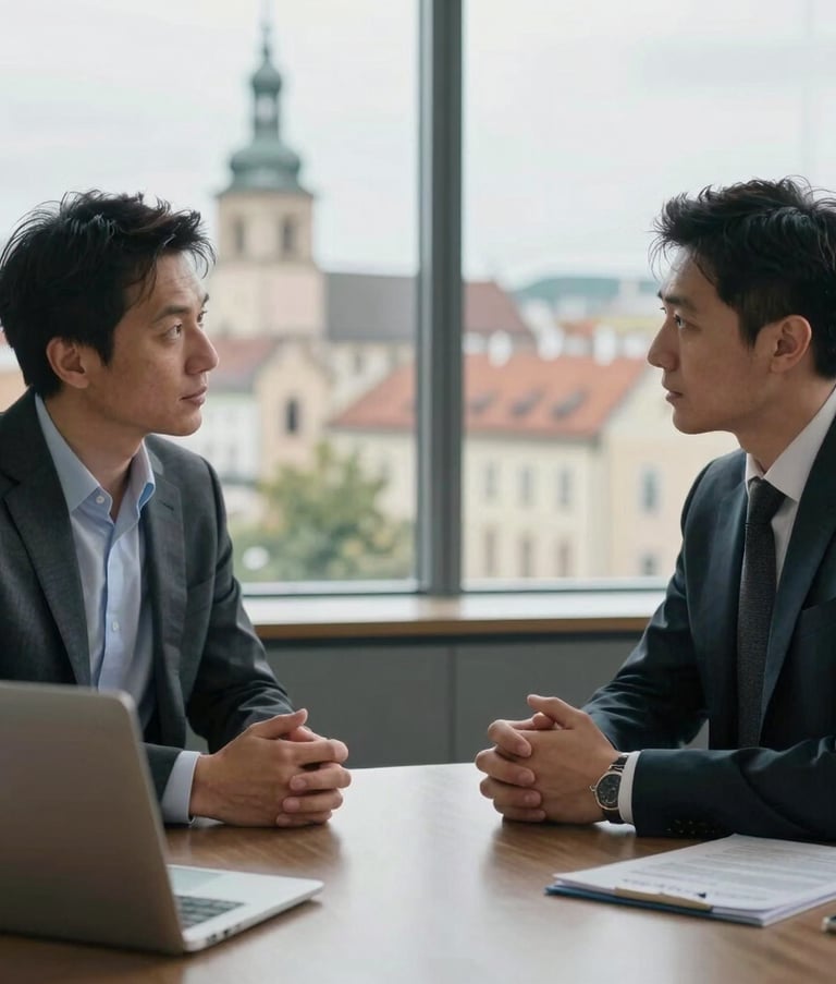 A professional business consultation scene in a discreet, modern Central European / Slovak office. Two people in elegant business attire are engaged in a serious conversation, with a blurred view of a historic city center through the window behind them.
