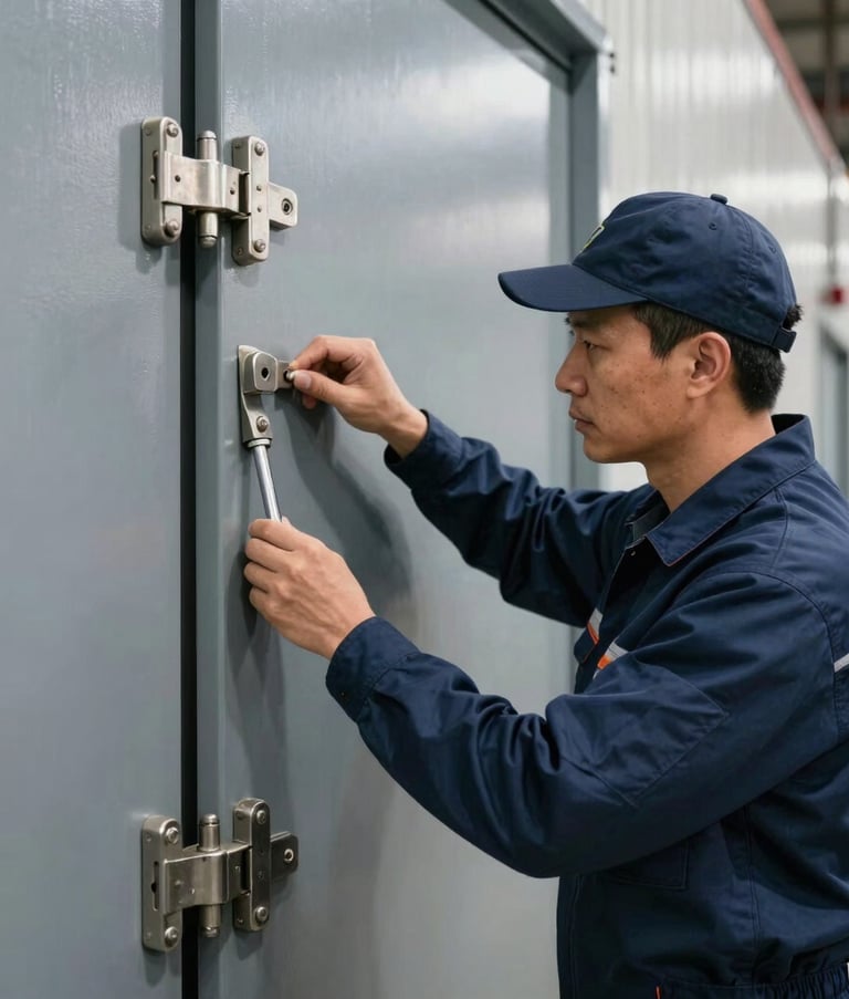 A high-resolution photograph of a door technician in a professional navy blue uniform inspecting the heavy-duty hinges of a massive industrial door in a North American commercial facility. The composition is focused and sharp.