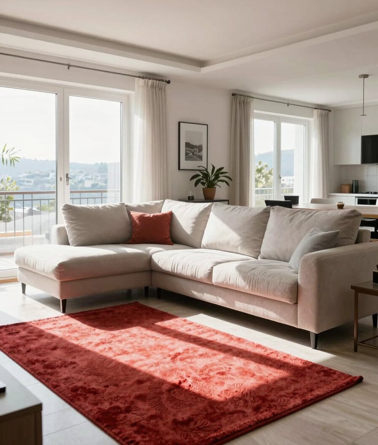 A wide-angle professional photograph of a sunlit, perfectly clean modern living room in a Turkish home. The sofa is spotless, the carpets are vibrant, and the atmosphere is fresh and airy. Natural light streams through large windows.
