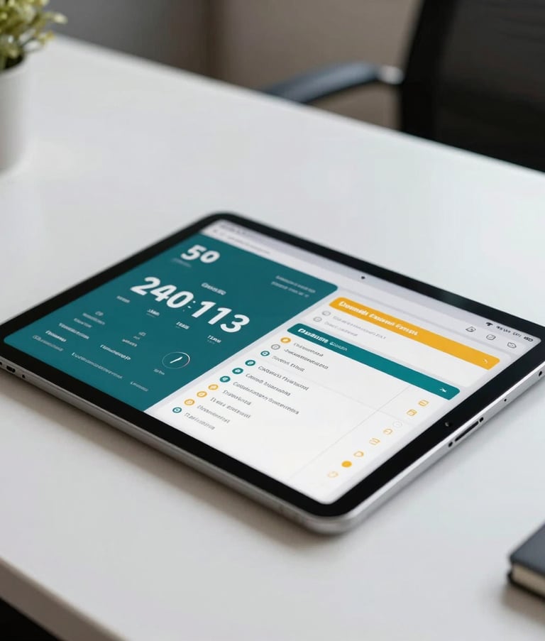 Close-up of a digital tablet on a clean white desk in a Brazilian office setting, showing a organized interface with teal and amber highlights, symbolizing the monitoring of critical business deadlines.