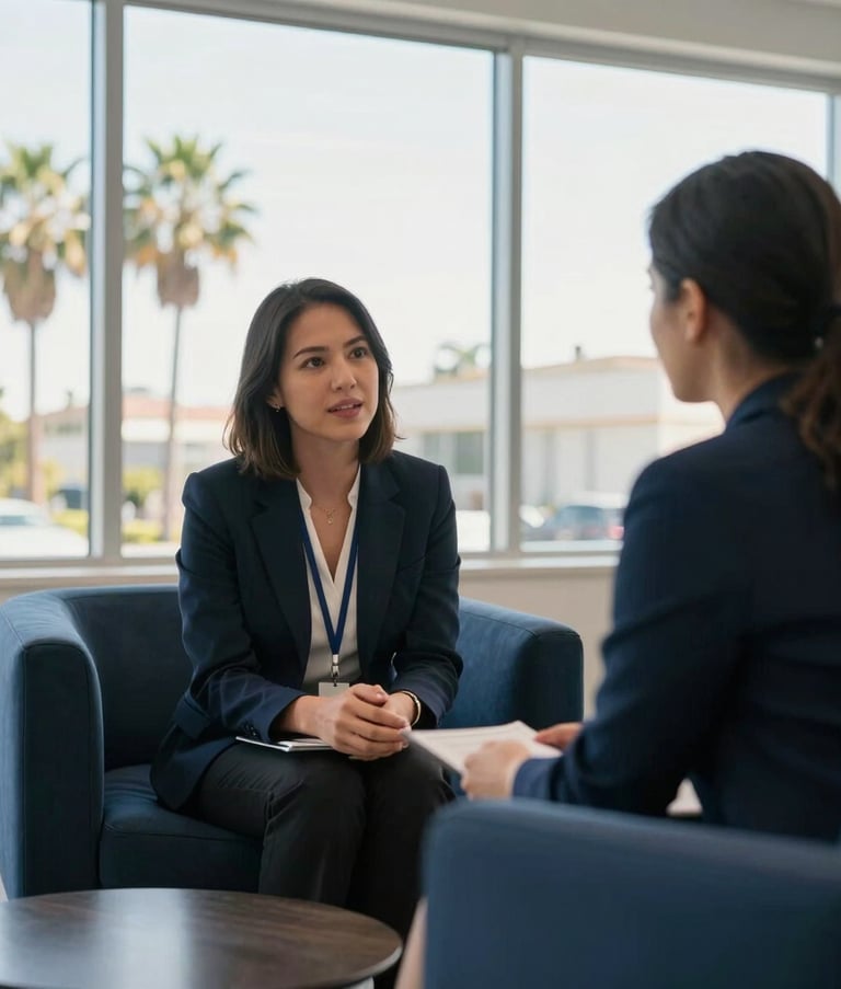 A professional loan officer and a client having a confident conversation in a bright, airy Southern California office with large windows showing palm trees, modern navy furniture, and soft morning lighting.