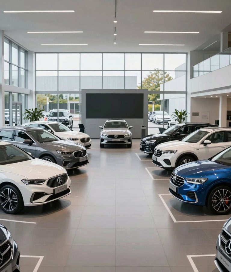 A professional, wide-angle photograph of a bright and spacious indoor car showroom in Germany. Several polished sedans and SUVs in white, grey, and blue are perfectly aligned on a reflective light grey floor. Central European / German architecture.