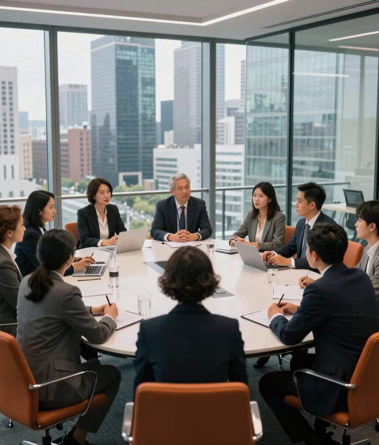 Wide-angle photograph of a collaborative brainstorming session in a sleek, glass-walled conference room overlooking a modern skyline. Professionals in smart-casual attire are engaged in discussion. Global / International setting, high-end corporate aesthetic with orange and dark gray highlights.