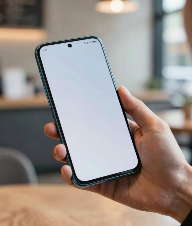 Close-up of hands holding a premium Android smartphone in a modern San Francisco cafe, North American / US setting. The lighting is soft and natural, emphasizing the sleek design and high-quality screen. Professional and clean aesthetic with ice blue and ghost white tones.