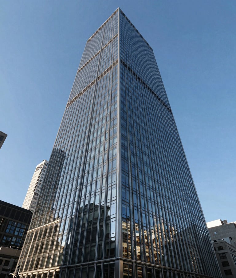 A wide-angle professional photograph of a modern glass skyscraper in a major North American city, representing growth, stability, and corporate success under a clear blue sky.