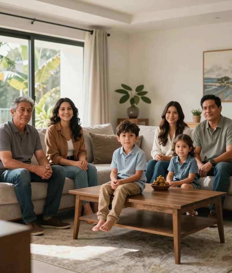 A Mexican family in a modern, sun-drenched living room with high-end furniture, looking relaxed and secure, representing the peace of mind provided by life and medical insurance.