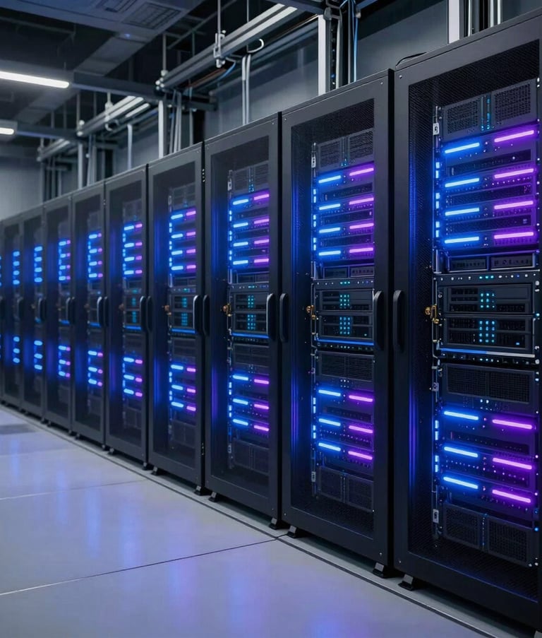 A wide-angle professional photograph of a futuristic server room with rows of data towers glowing with neon blue and purple lights. The setting is a cutting-edge North American tech facility, emphasizing a sleek, dark, and highly advanced infrastructure.
