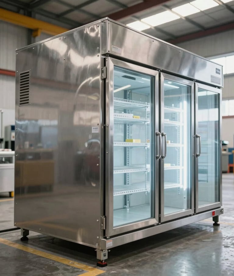 Wide-angle photograph of finished industrial refrigeration equipment, including a large stainless steel vertical freezer and a glass display case, shot in a bright, modern Colombian warehouse with natural light.