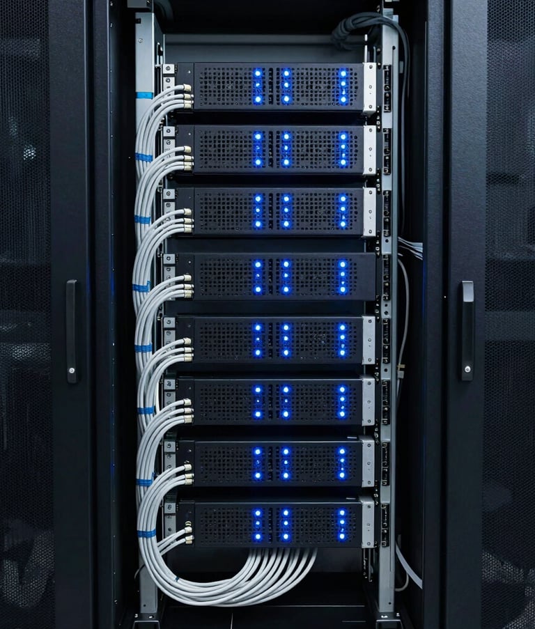 A high-end server room in a US-based data center, showcasing clean cable management and glowing blue light indicators on server racks. The composition is symmetrical and emphasizes technological reliability and efficiency.