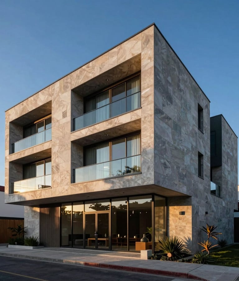 Arquitectura moderna de una residencia de lujo en Guadalajara, estilo North American / Mexican contemporáneo, acabados en piedra y vidrio bajo una luz cálida de atardecer, paleta de colores Deep Blue y Light Gray.