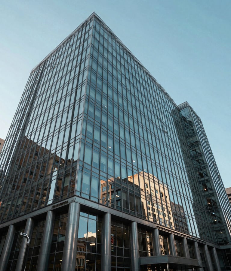 A wide-angle photography shot of a sophisticated glass-walled corporate building in a North American city. The sky is a clear light blue, and the building reflects the modern surroundings. The atmosphere is professional, sleek, and conveys institutional stability.
