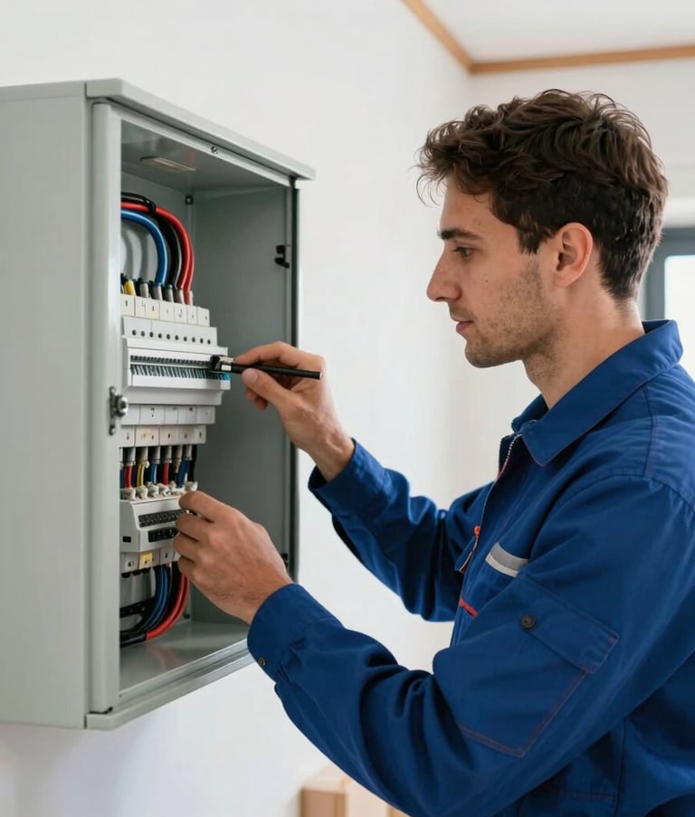 A professional electrician inspecting an electrical panel in a bright modern Spanish / Andalusian home. Reliable and approachable atmosphere, clean work attire, professional composition with dark blue and pale blue accents.