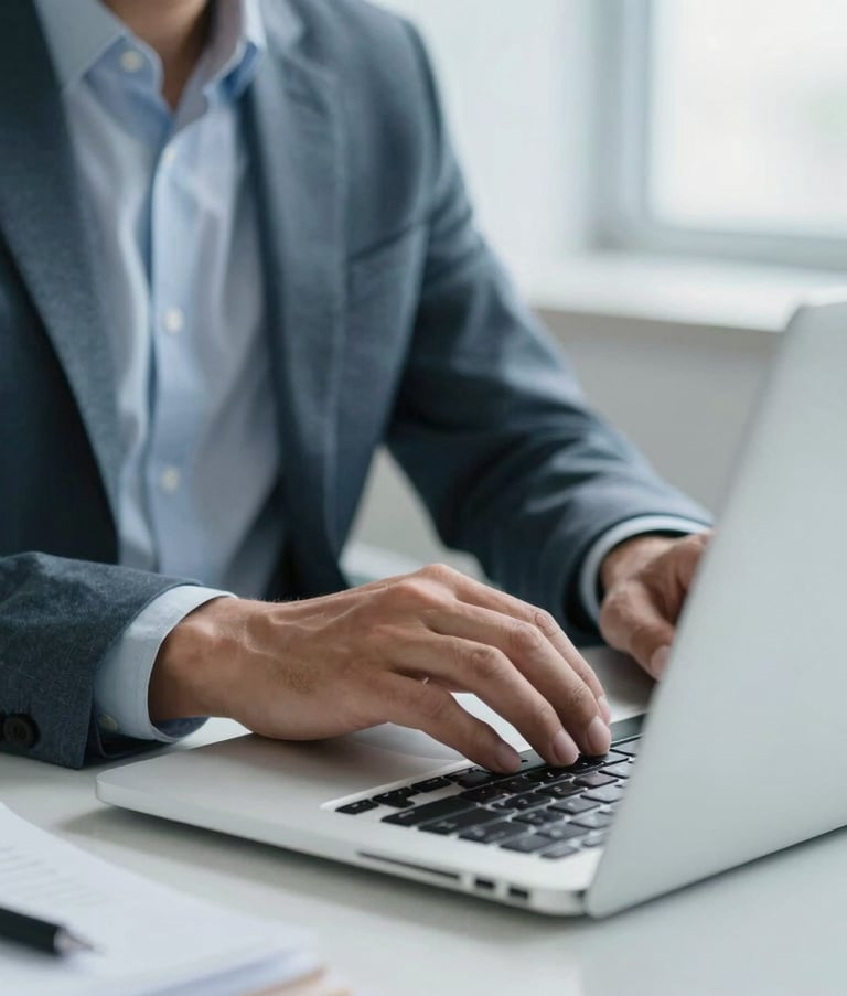 A close-up of a professional in business casual attire working on a sleek laptop in a bright, modern workspace in Latin America. The lighting is soft and professional, emphasizing a clean and high-tech environment with pale blue accents.