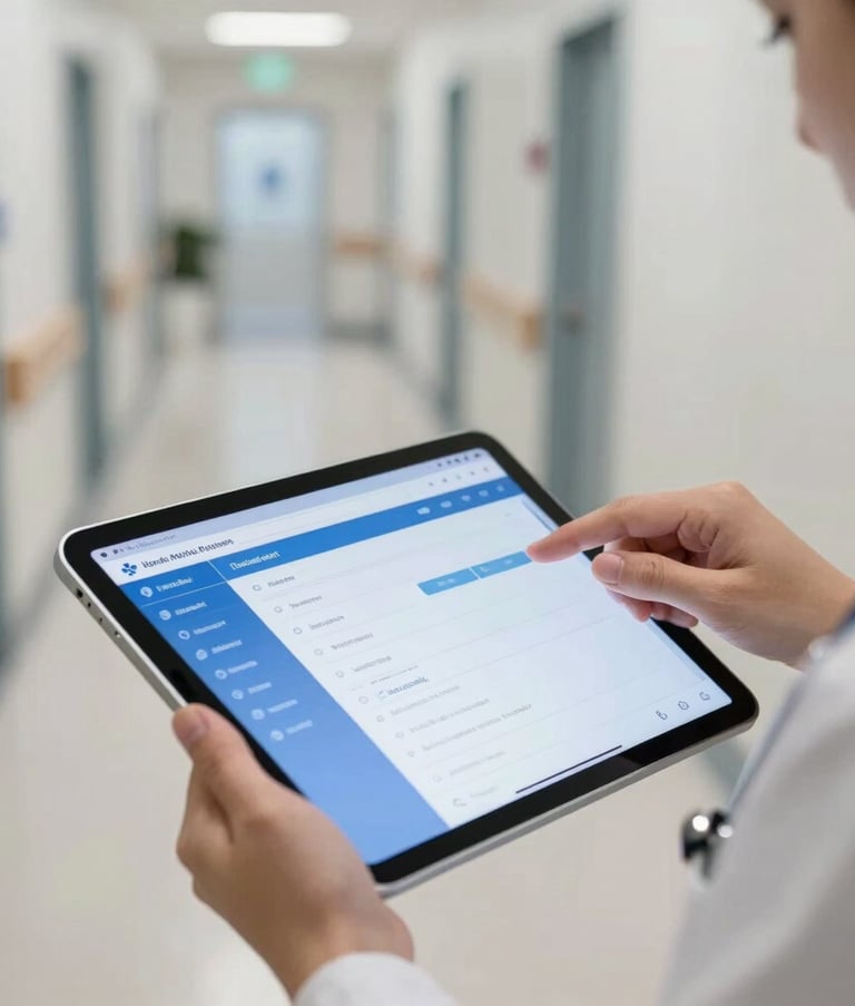 A close-up photograph of a professional using a secure tablet in a North American medical setting. The background is a clean, white and grey clinic hallway. The focus is on the tablet displaying a secure patient portal with visible royal blue interface elements.