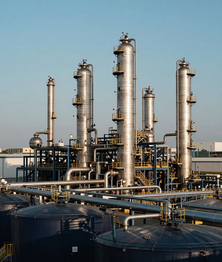 A panoramic view of a modern chemical production facility with silver pipes and large storage tanks under a clear sky, emphasizing industrial reliability and scale, featuring dark navy and muted steel blue tones, Global / Industrial.