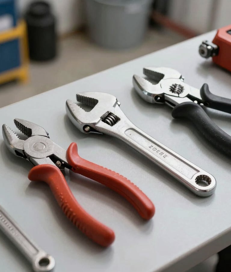 A selection of clean, professional plumbing tools including a pipe wrench and pliers resting on a light gray surface in a well-lit North American / US garage setting, sharp focus, modern feel.
